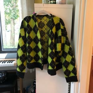 Oversized fuzzy argyle cardigan